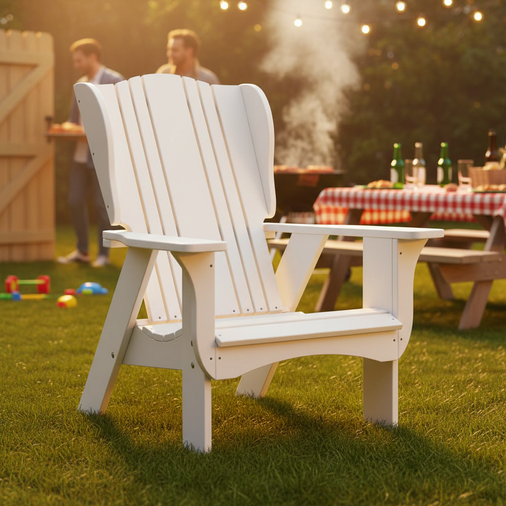 White Adirondack chair on a lawn with outdoor dining furniture.