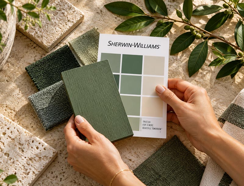 Hands holding a Sherwin William palette next to similar colored fabrics and painted sample wood