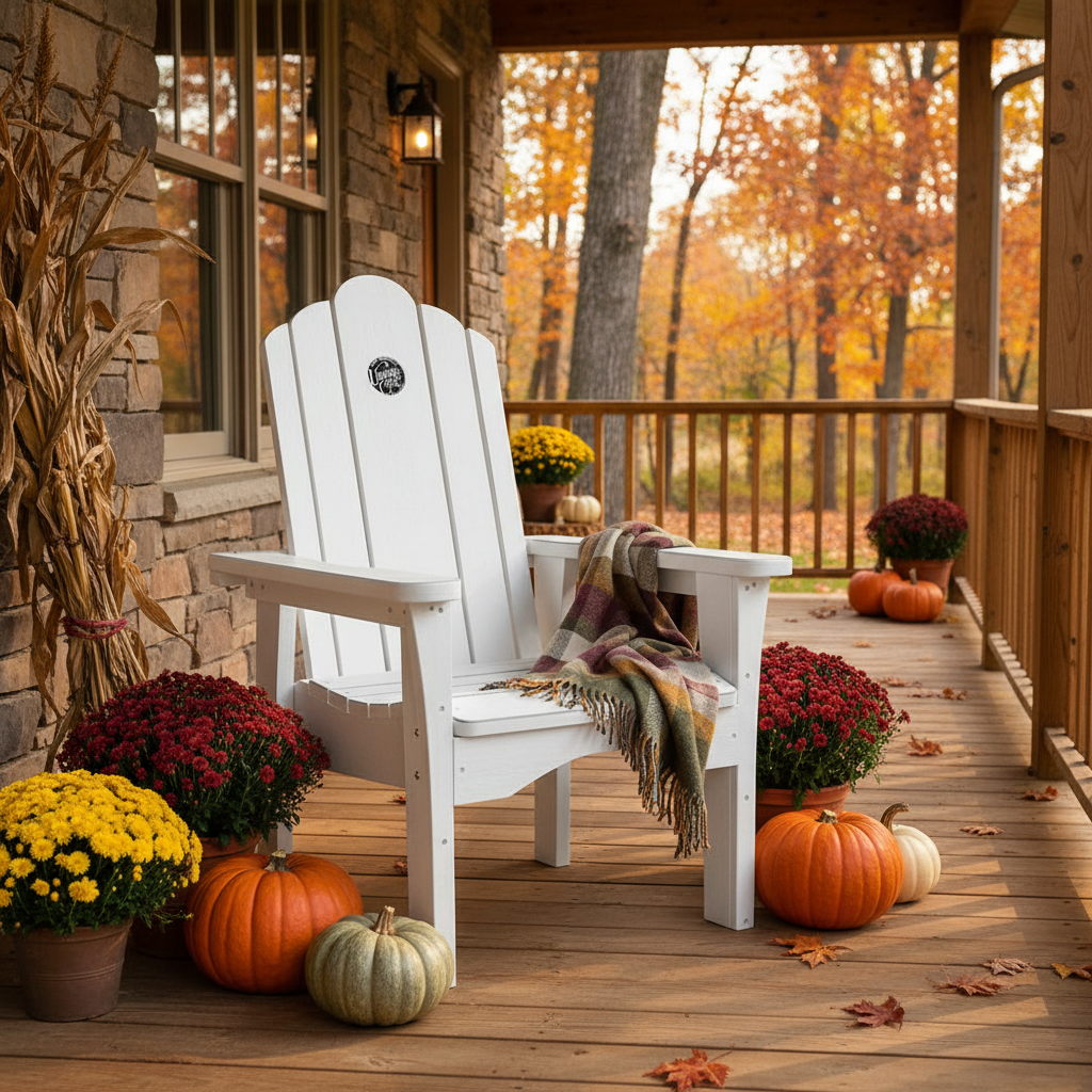 White Adirondack chair with wide armrests and a plaid throw draped over one arm