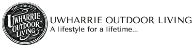 A black and white logo banner for 'Uwharie Outdoor Living' featuring a circular emblem on the left and the brand name and tagline on the right.