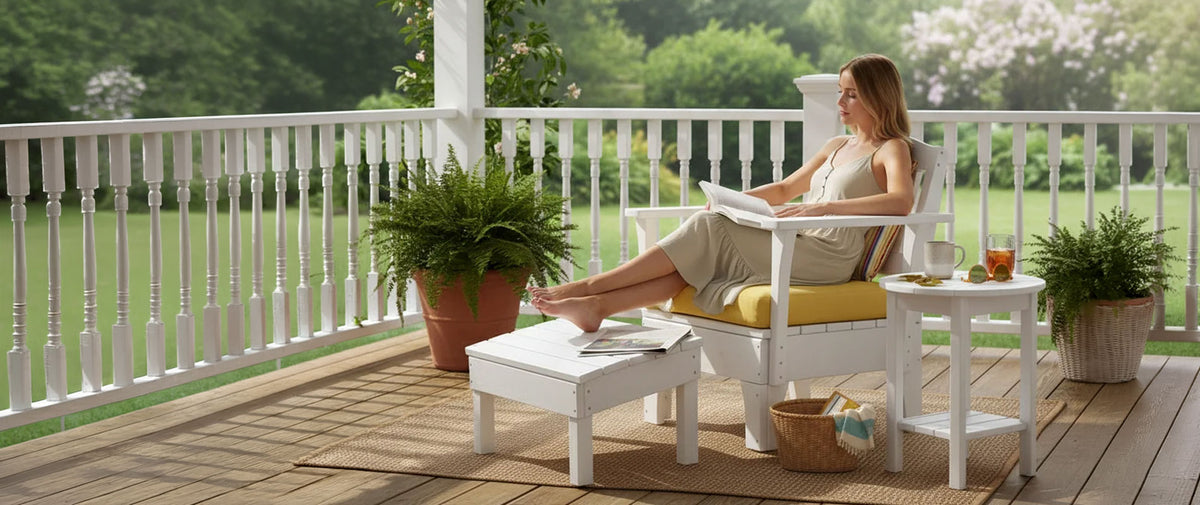 A woman relaxes in a white outdoor lounge chair with a yellow cushion on a wooden porch, reading a book. A matching white footrest and side table are beside her, with potted plants and a green lawn in the background.