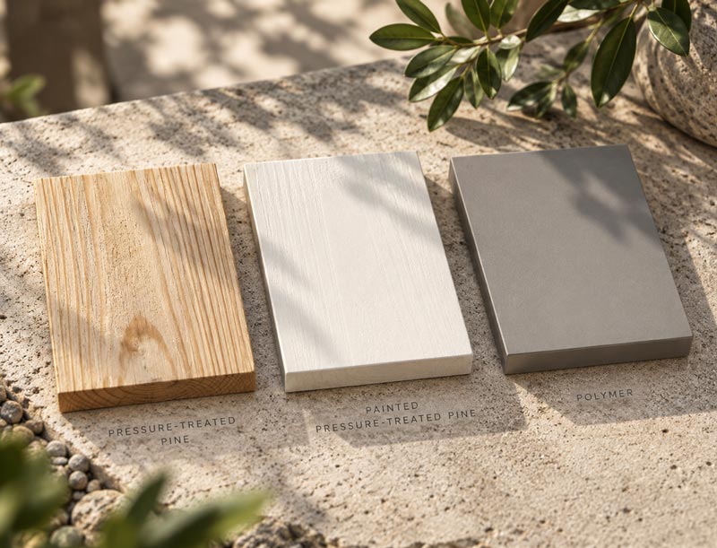 Examples of natural and painted pressure treated pine and polymer materials